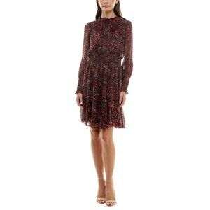 NWT Taylor Womens Petite Long-Sleeve Chiffon Dress 3109P Crimson / Black 6P